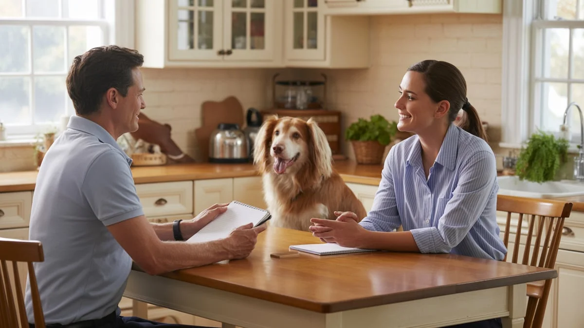 Pet owner interviewing professional dog walker in Connecticut home