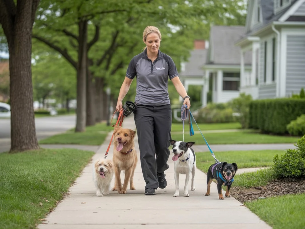 Professional dog walker confidently handling multiple leashed dogs in suburban Connecticut neighborhood