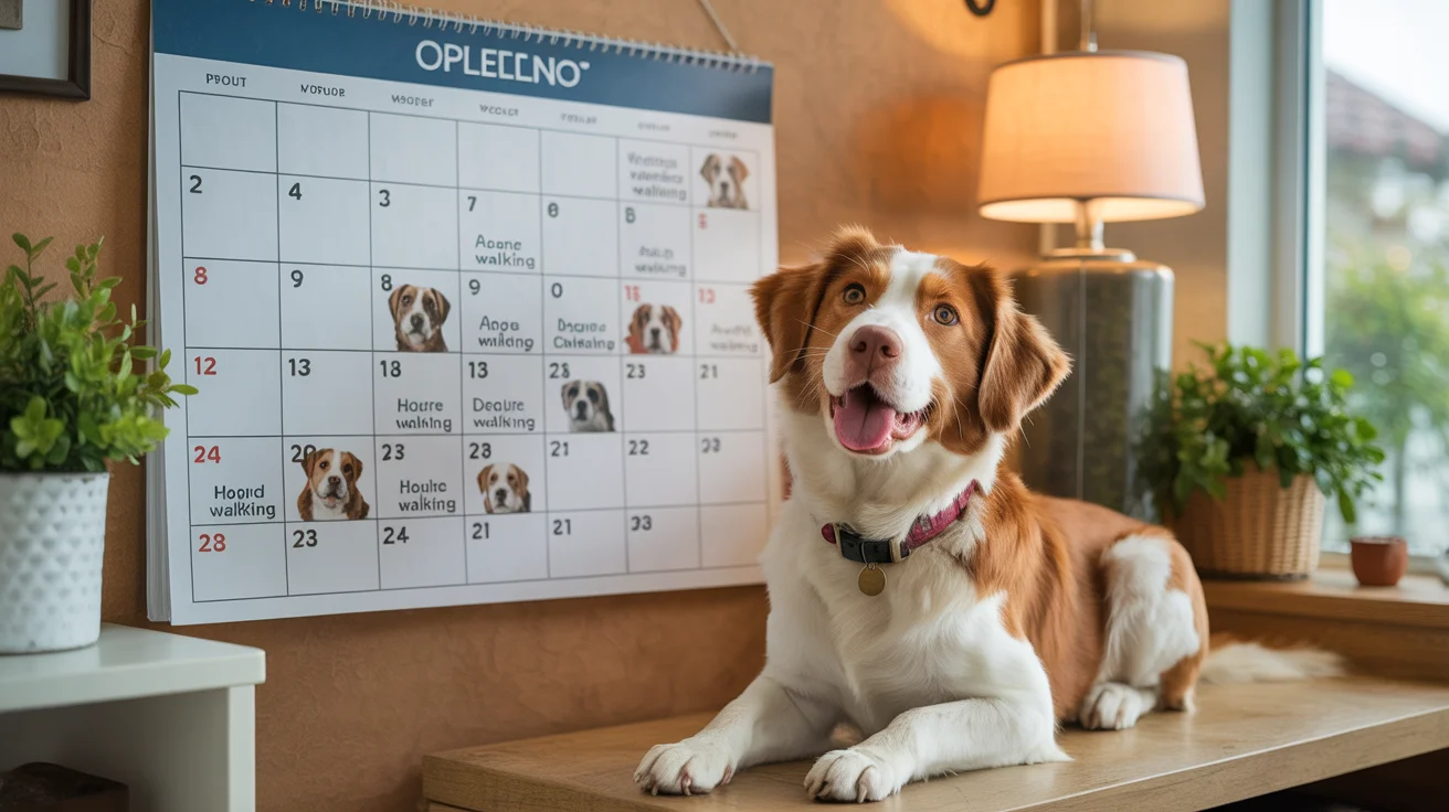 Wall calendar showing regular dog walking appointments marked, organized pet care schedule