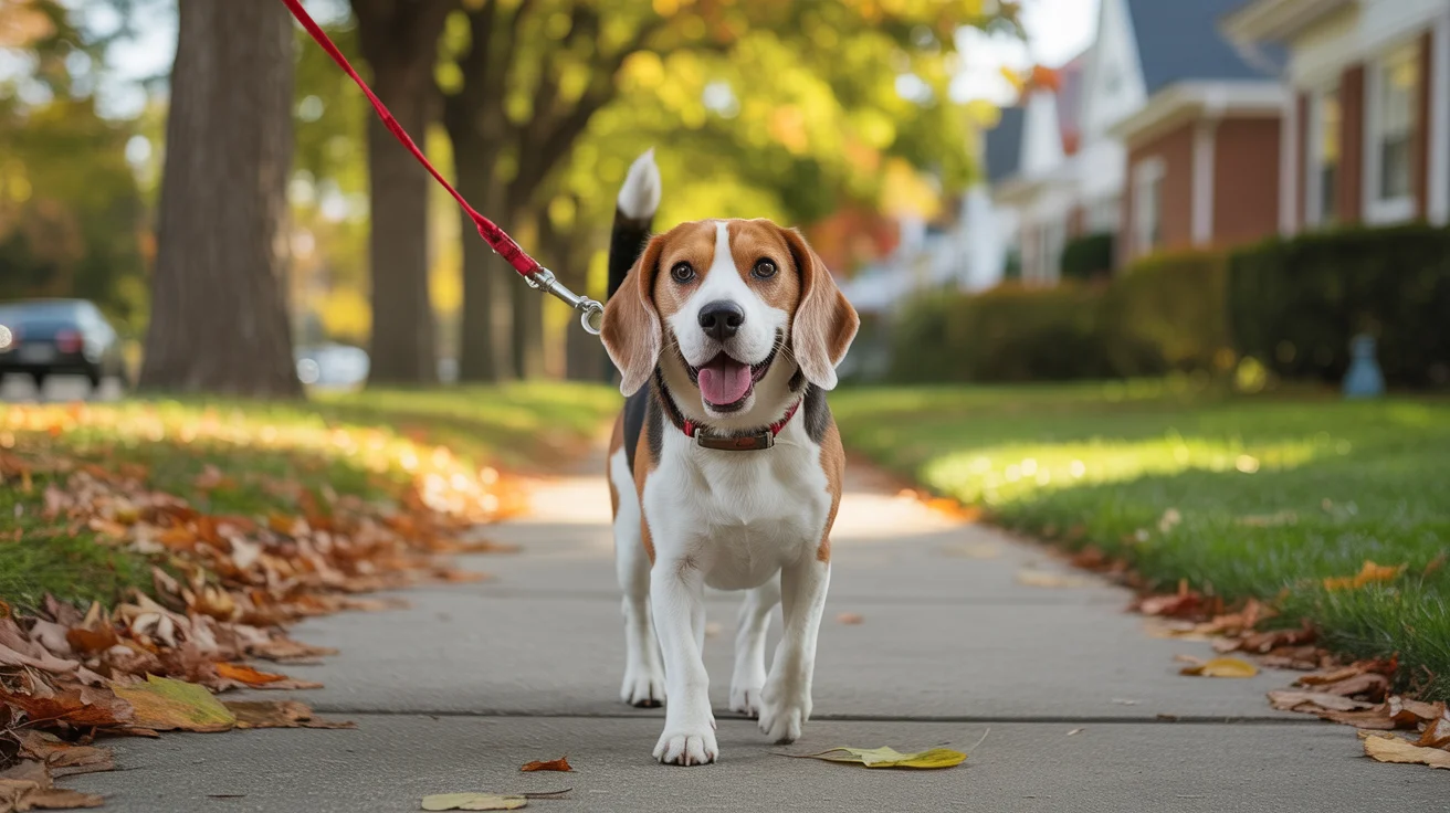 Happy beagle walking along familiar tree-lined Connecticut neighborhood sidewalk on daily route