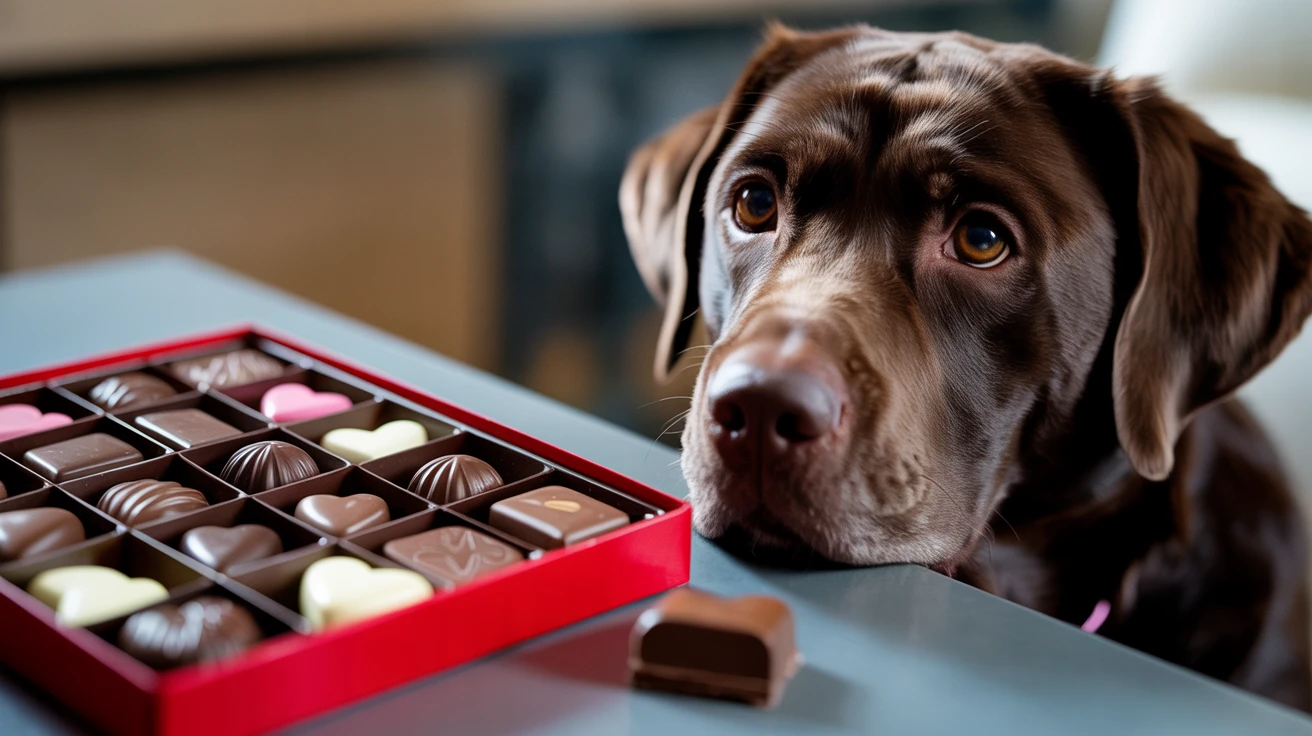 Dog looking tempted by Valentine's Day chocolate box showing toxicity danger