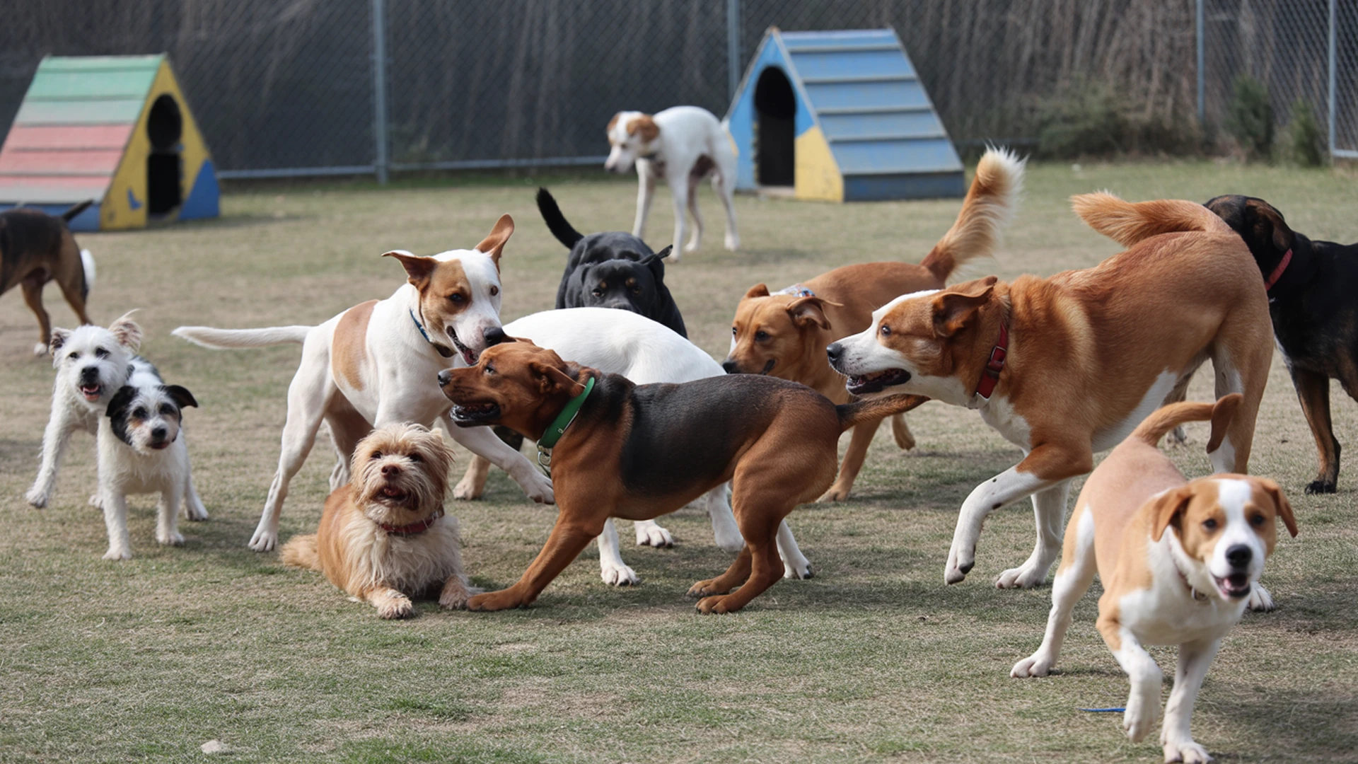 Crowded dog park with multiple dogs of various sizes showing potential chaos and safety concerns