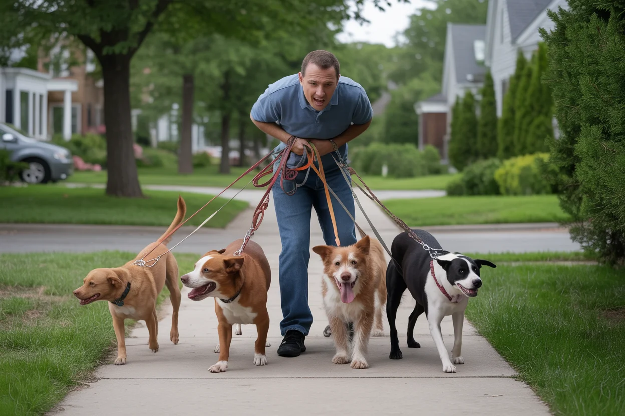 Inexperienced dog walker struggling with tangled leashes and pulling dogs