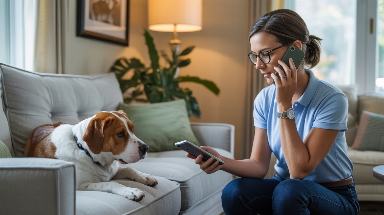 Pet sitter on phone call while monitoring resting dog
