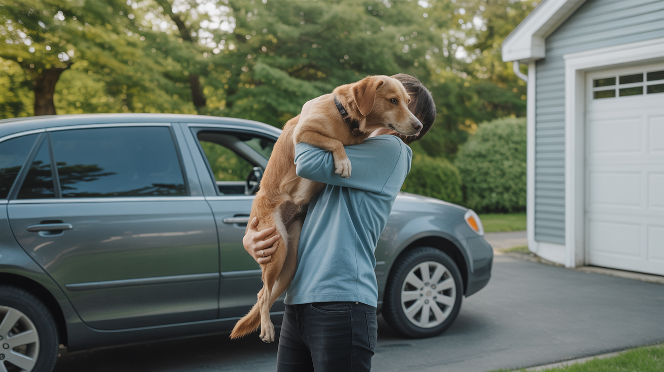 Person carefully carrying dog to vehicle for emergency vet transport