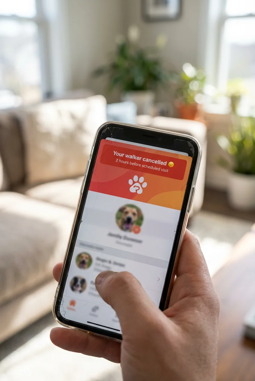 Smartphone showing gig app cancellation notification for pet sitting service