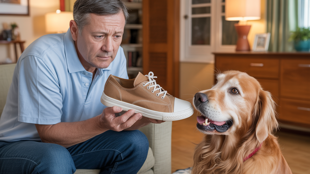 Anxious neighbor holding chewed shoe with guilty dog nearby