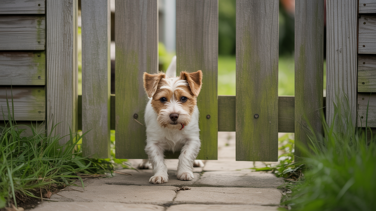 Small dog squeezing through gap in fence gate