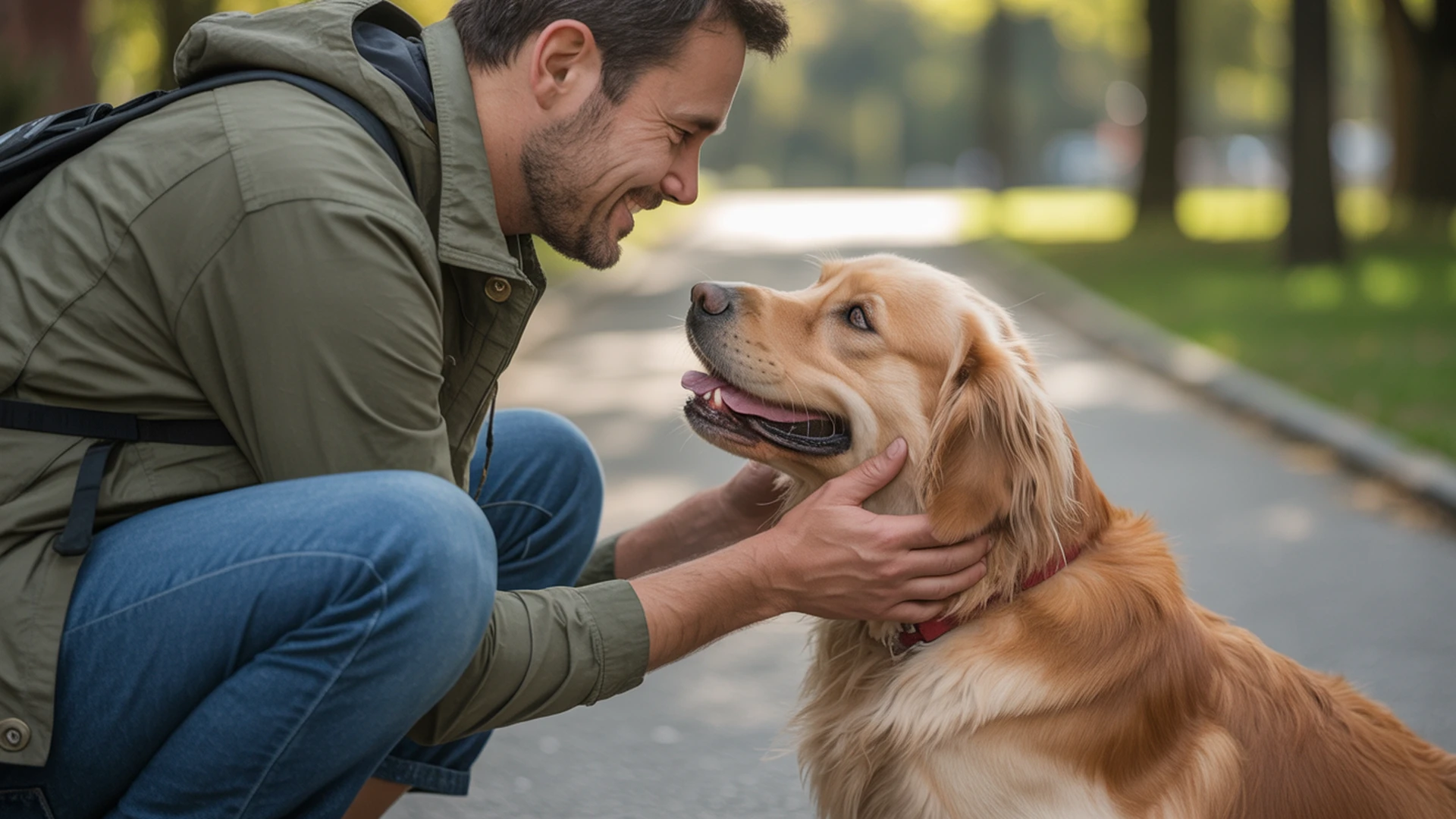 Professional dog walker giving focused one-on-one attention to a happy engaged dog during walk showing trust and relationship