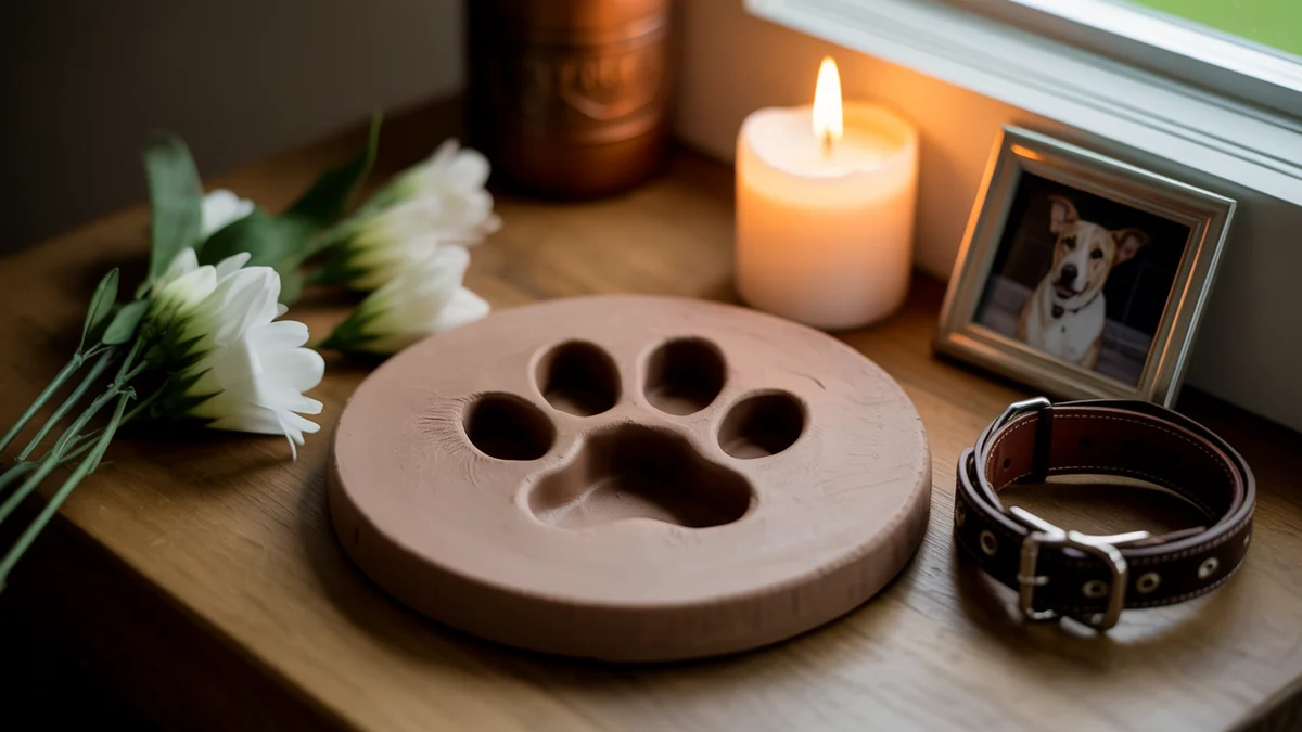 Tasteful pet memorial scene with clay paw print impression centerpiece, soft candlelight, leather collar, framed photo, and fresh flowers on wooden surface