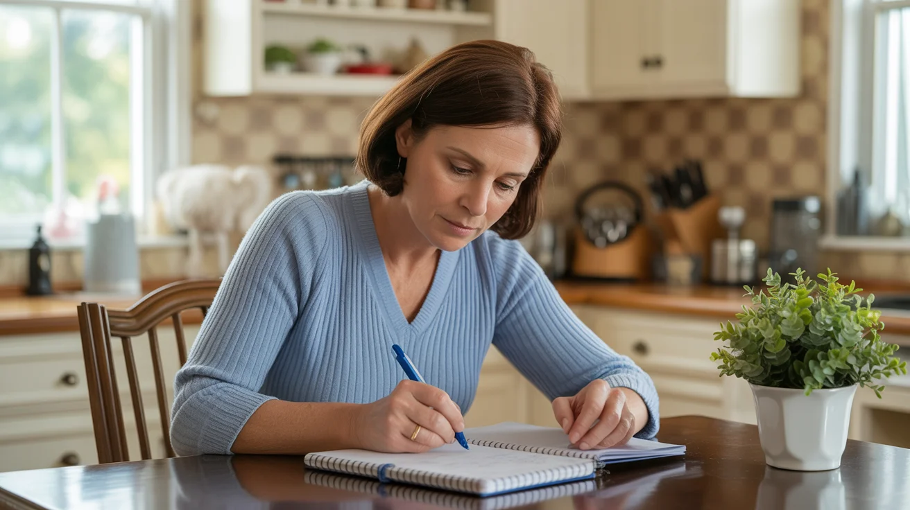 Pet owner writing detailed pet care instructions at kitchen table with notebook and pen
