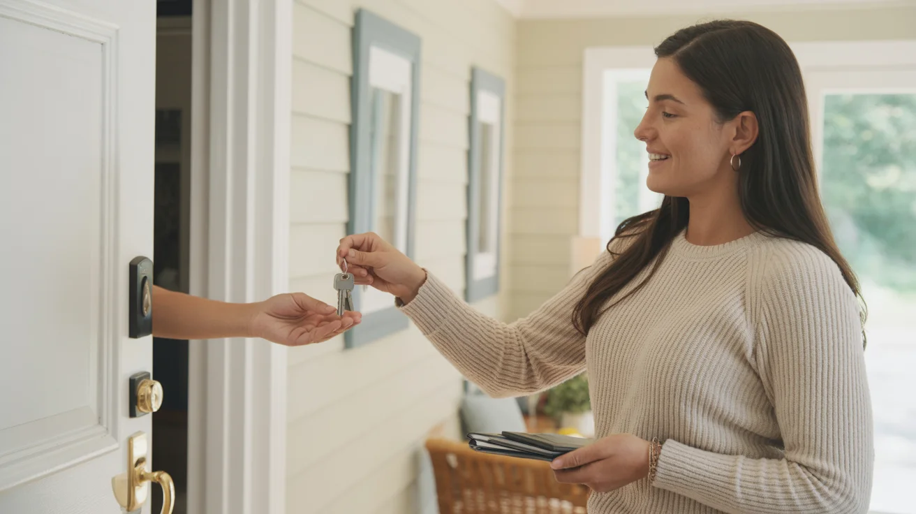Professional pet sitter receiving house keys from homeowner at front door during home tour