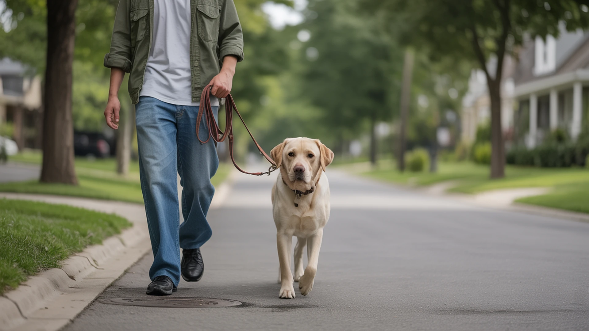 Professional dog walker walking a calm well-behaved dog on a quiet residential street showing quality one-on-one exercise
