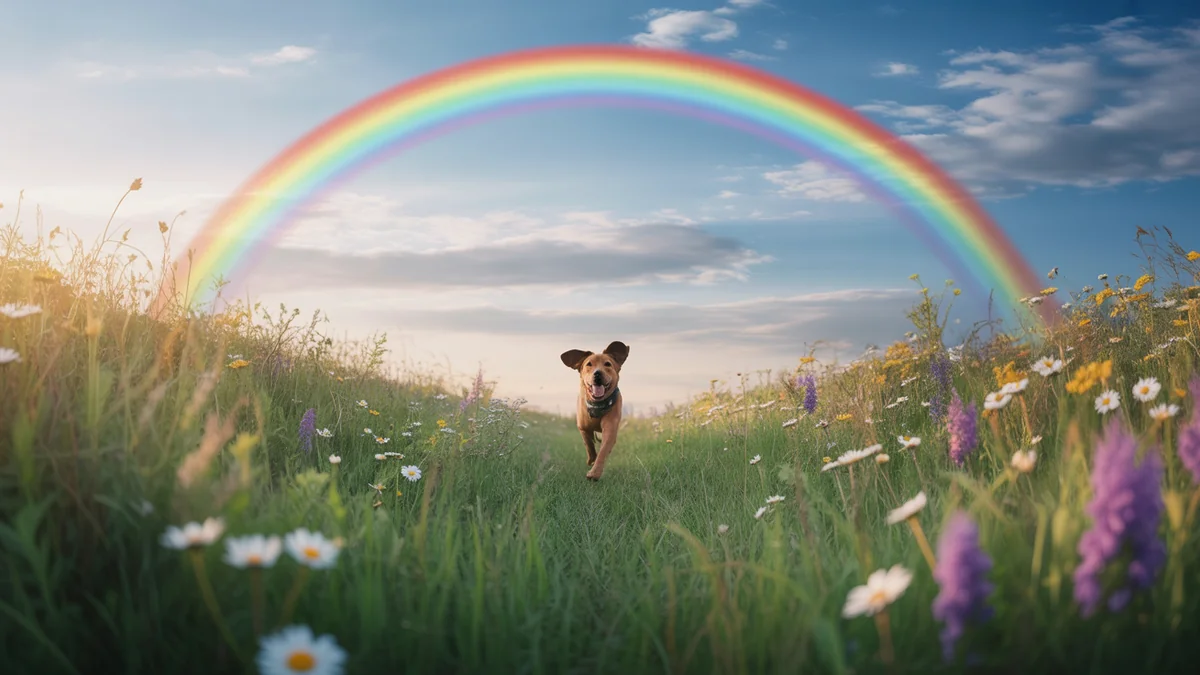 Beautiful serene meadow with vibrant wildflowers and rainbow arching across blue sky with dog silhouette running freely toward the rainbow