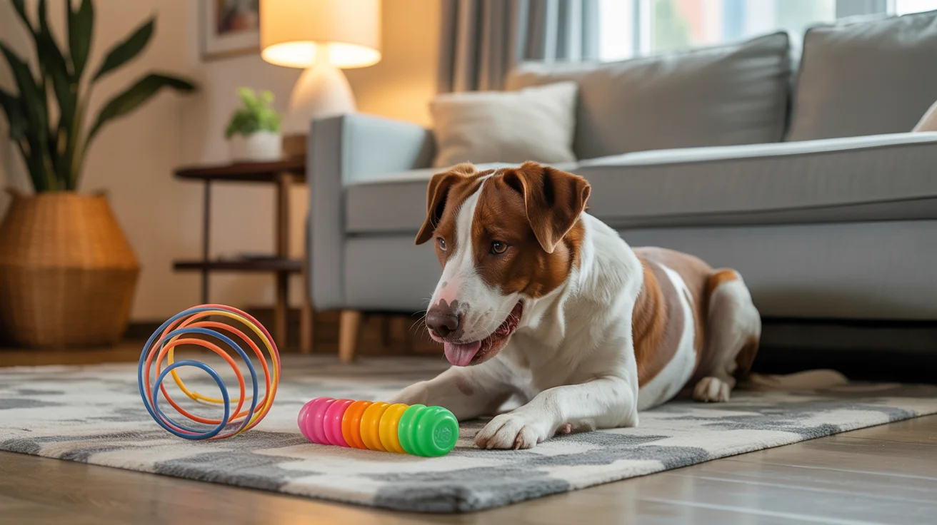 Content dog engaged with puzzle toy for mental enrichment, showing positive coping strategies for separation anxiety