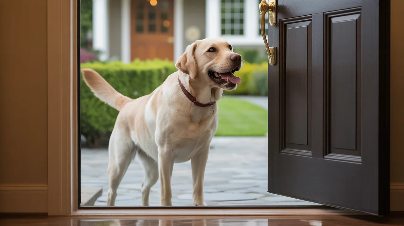 Happy labrador greeting dog walker at door, joyful reunion showing positive human-dog bond