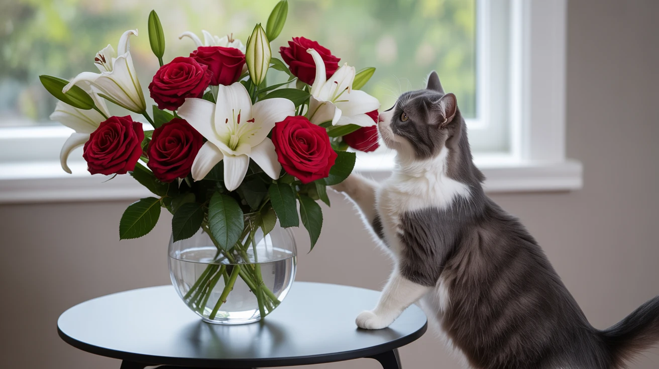 Cat investigating toxic Valentine's Day flower bouquet with roses and lilies