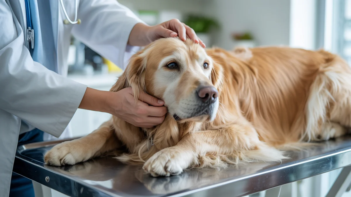 Veterinarian's hands gently examining and comforting a calm senior golden retriever on examination table in modern Connecticut veterinary clinic