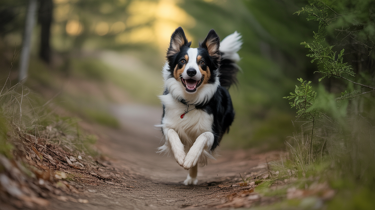 Energetic border collie running on hiking trail