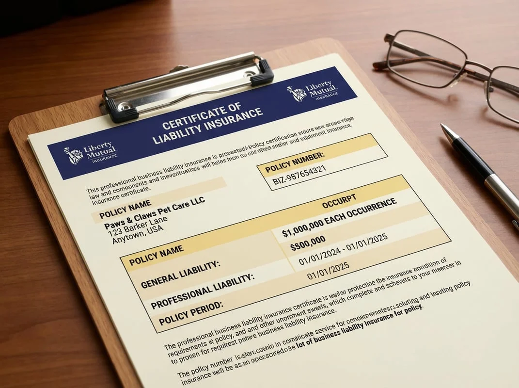 Professional liability insurance certificate for pet care business showing proper coverage
