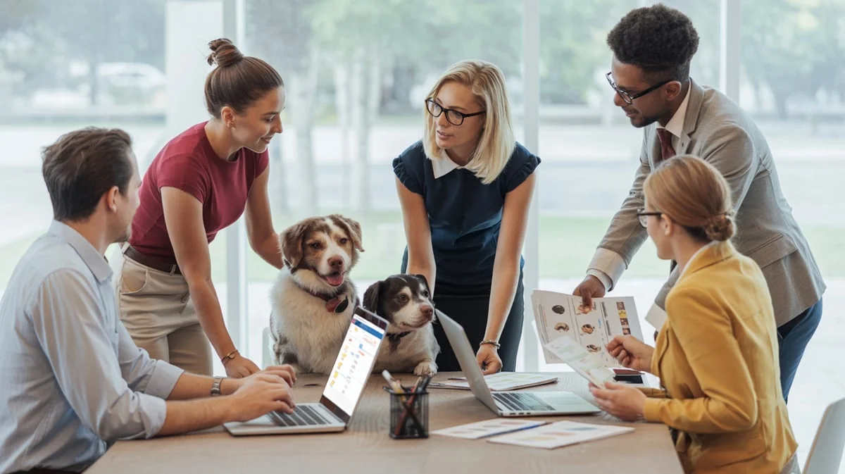 Professional dog walking company team meeting discussing pet care protocols and service quality