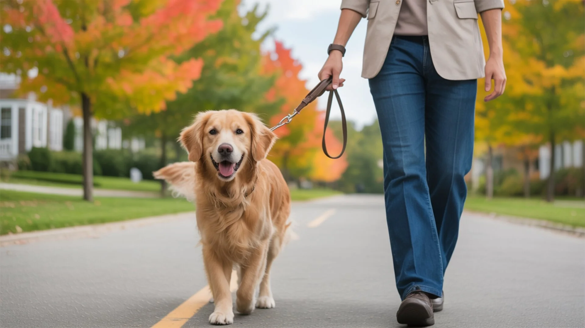 Professional dog walking service in Connecticut - Golden retriever with pet care specialist