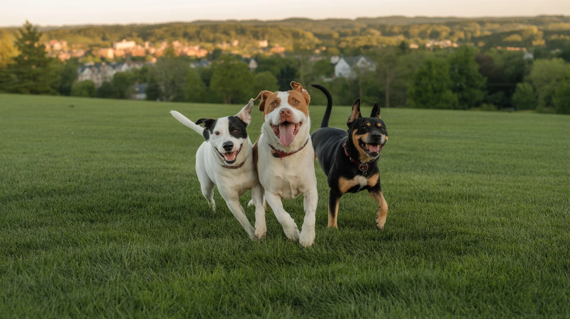 Happy dogs playing in park during golden hour - 203 Pet Care