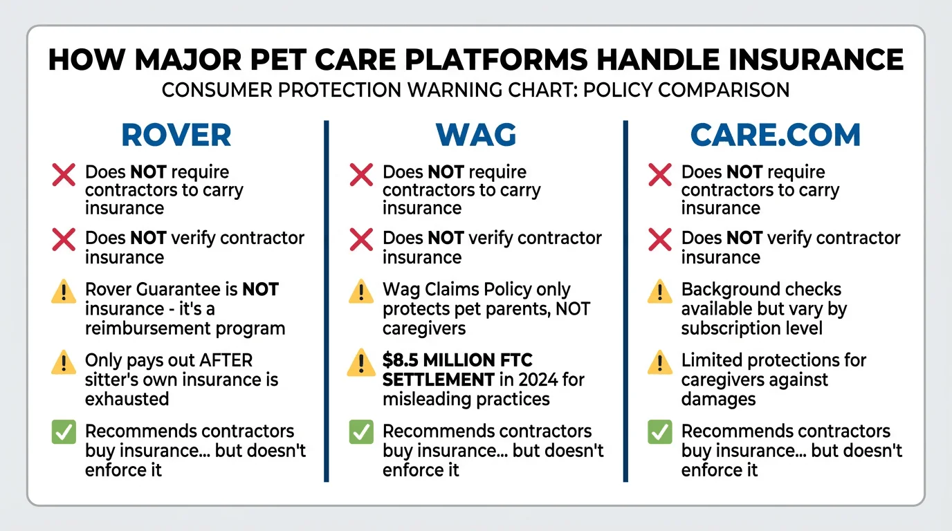 Comparison showing how Rover, Wag, and Care.com handle insurance for pet care contractors