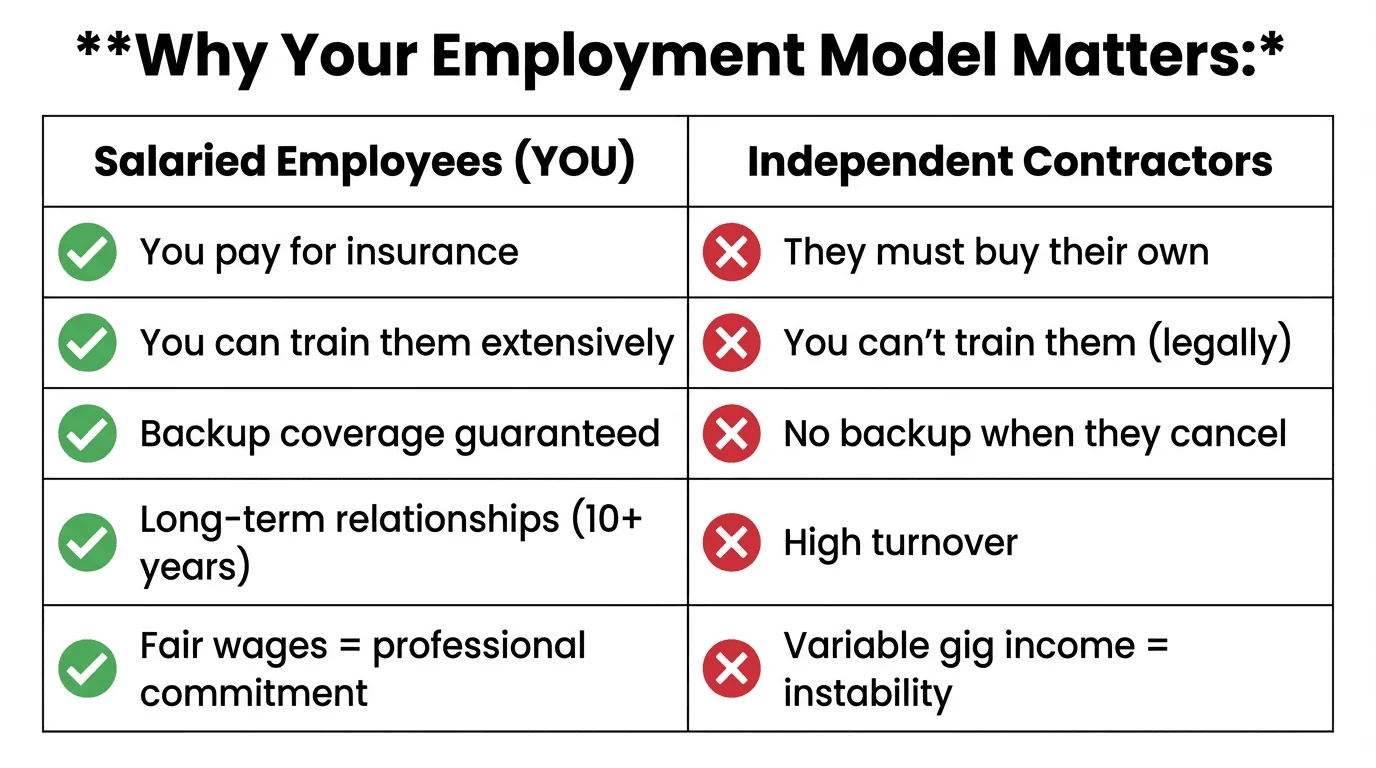 Comparison showing W-2 salaried employees provide better pet care than independent contractors
